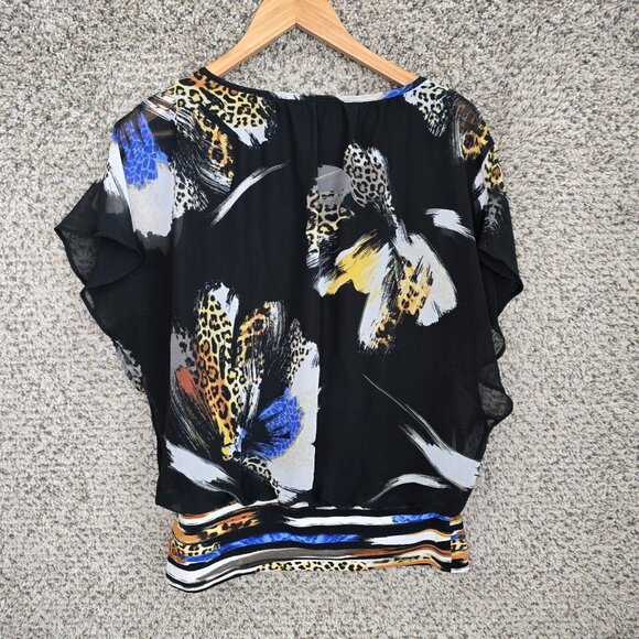 JM Collection Top Womens Small Black Flutter Sleeve Floral Print‎ Blouse Ladies - Picture 7 of 7